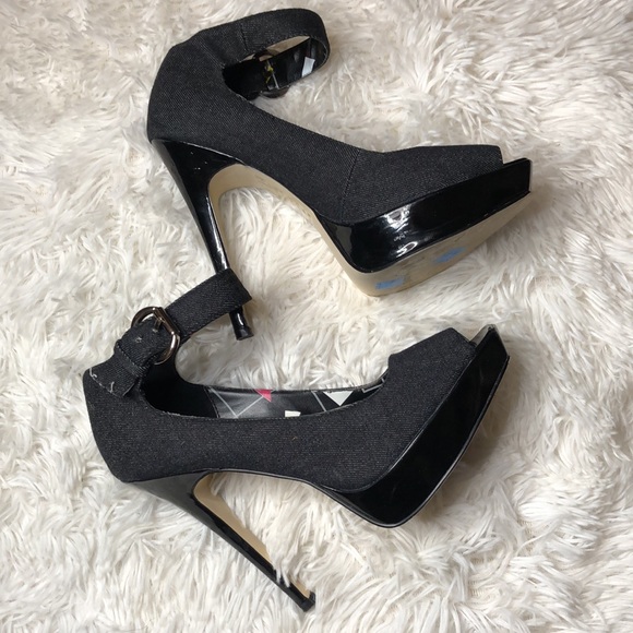 Bakers Denny Dark Denim Fabric  Platform Stilettos Ankle Strap Peep Toe Pump  7 - Picture 5 of 14